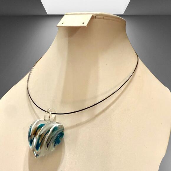 Unique Artisan Glass Heart-Shaped Blue White & Gold Pendant - Picture 4 of 8